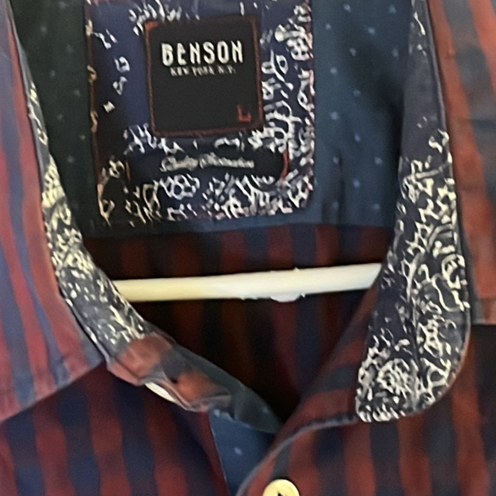 Benson men’s plaid cotton long sleeve dress shirt, size, large, maroon, and blue - Picture 2 of 9